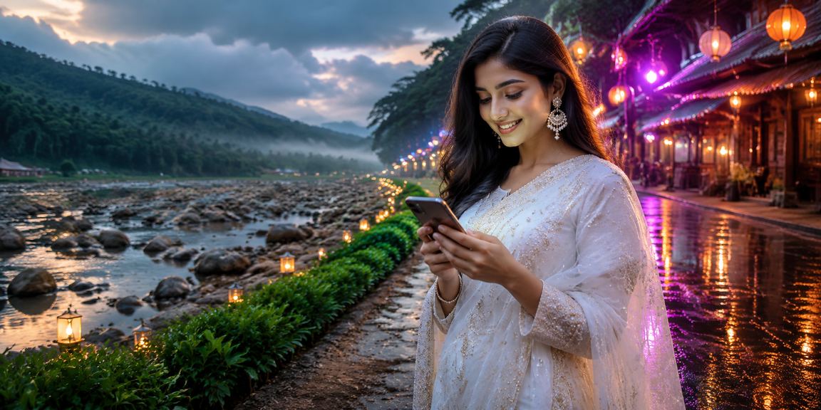 A user playing online casino games on mobile against the backdrop of Sylhet's tea gardens